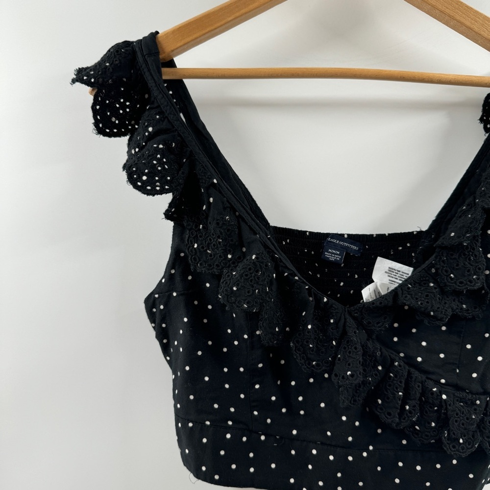 American Eagle Black & White Polka Dot Cropped Tank Top with Ruffle Trim - Picture 2 of 7